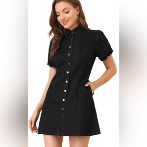 Denim Black Button-Up Dress, Jean Jacket Mini Dress, puff sleeves, Size: S, NWT